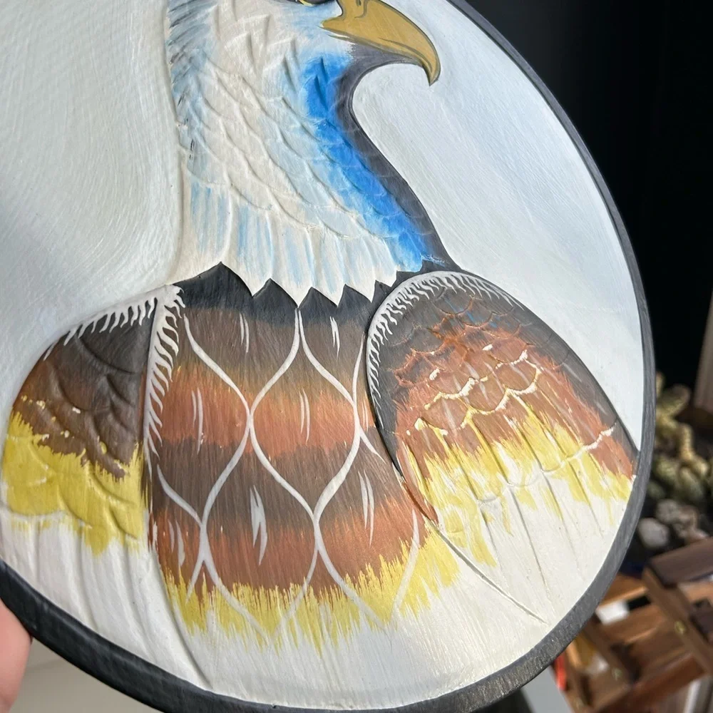Vintage 11.75" Handpainted Eagle Wall Art White, Blue, Brown, Yellow Indonesia - Picture 9 of 14